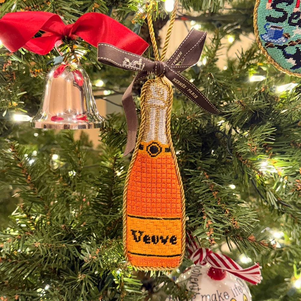 Hand-Stitched Needlepoint Ornament - Hermes Inspired Veuve Bottle